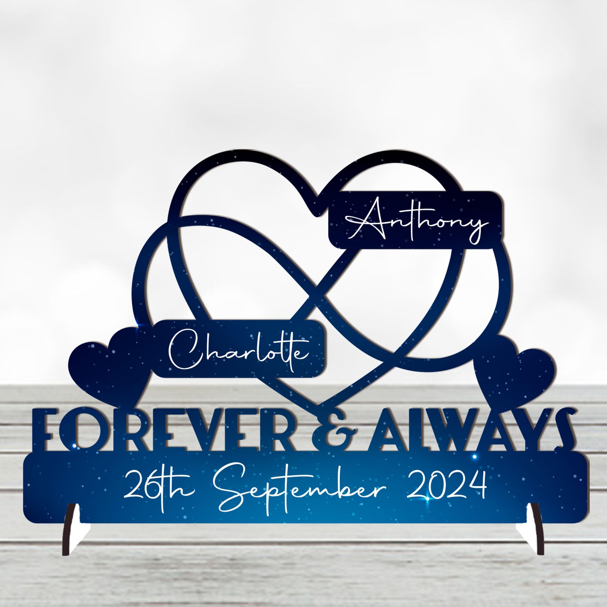 Personalised Forever & Always Infinity Heart Sign Wedding Anniversary Sign - Customised with Couple's Names and Marriage Date - Gift for Him, Her, and Couples - 20cm x 13cm (Blue)