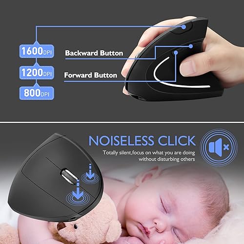 Miniatura 4 de Ratón ergonómico inalámbrico Bluetooth Vertical Mouse Conexión de tres modos BT5.0+USB A+USB C, recargable, ergonómico, 6 botones, 1600 DPI, 2.4G