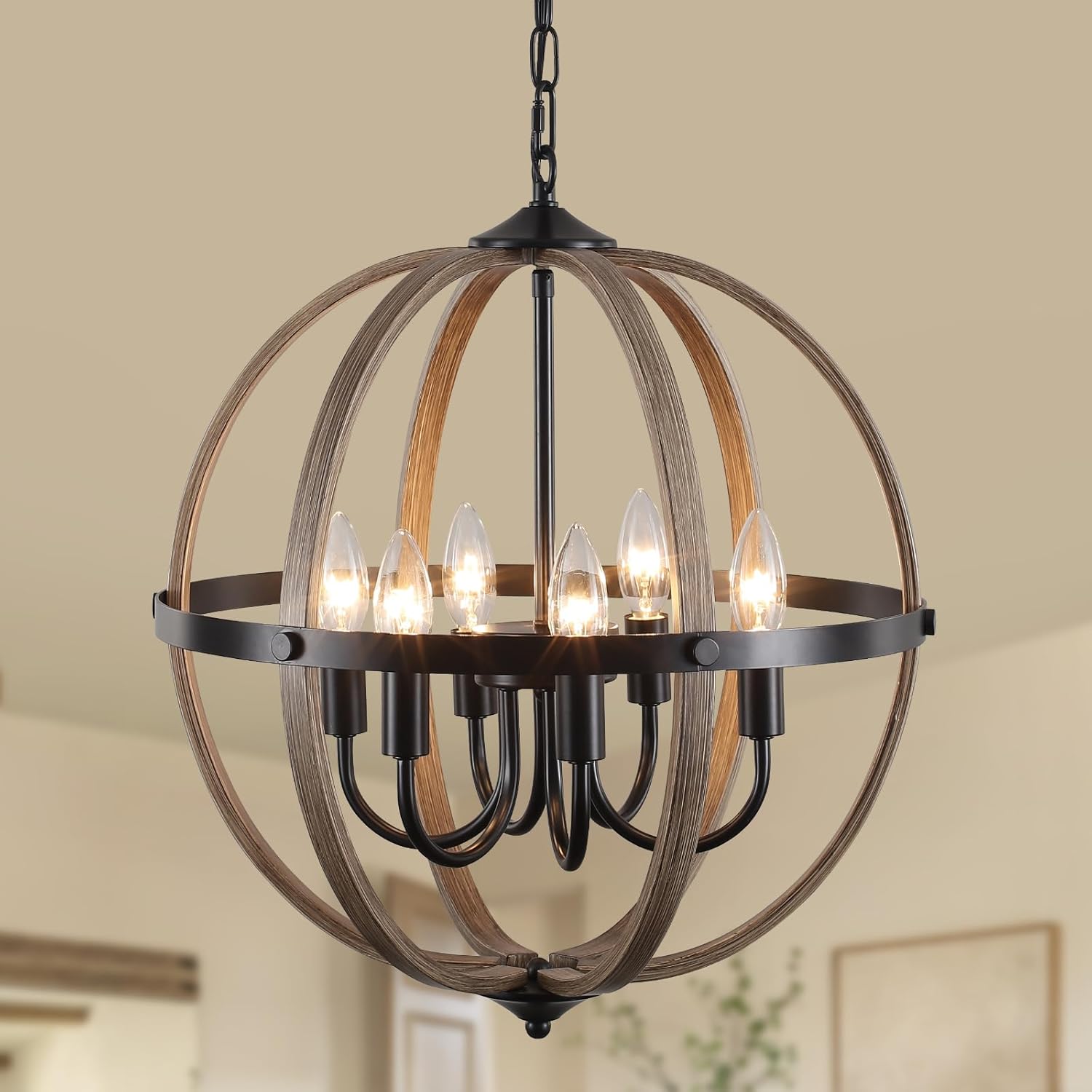 Farmhouse Wood Chandelier 6 Light, Orb Chandelier 17.12'' Metal Rustic Globe Pendant Light, Faux Wood Texture Adjustable Hanging Ceiling Light Fixtures for Kitchen, Dining Room, Foyer Hallway