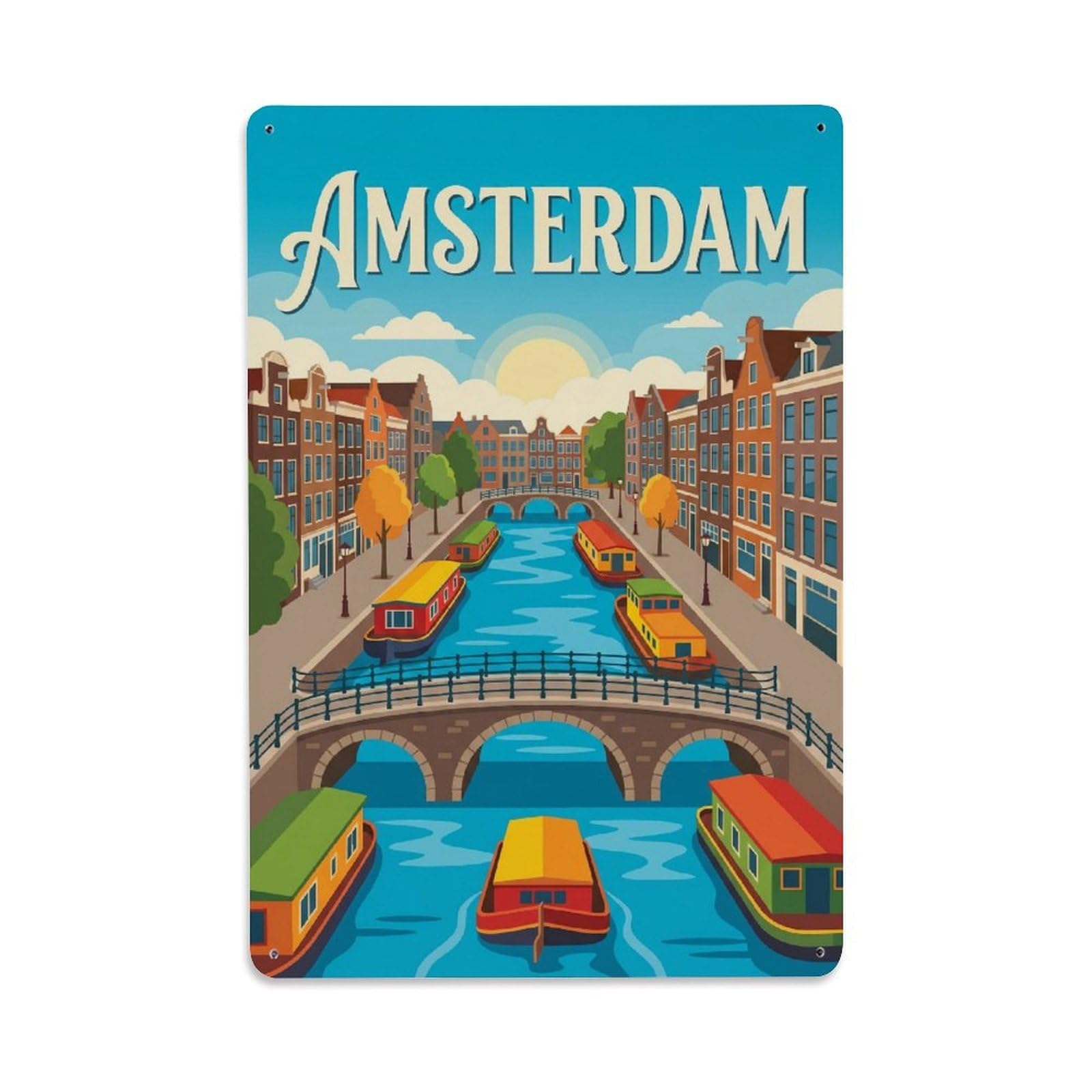 Okngb Style Waterway Boats Waterfront Amsterdam Vintage Travel Quay Metal Tin Sign Plaque Wall Decor For Cafe, Man Cave, Club Bar, Office, Home Garden Round Metal Poster 8X12inch