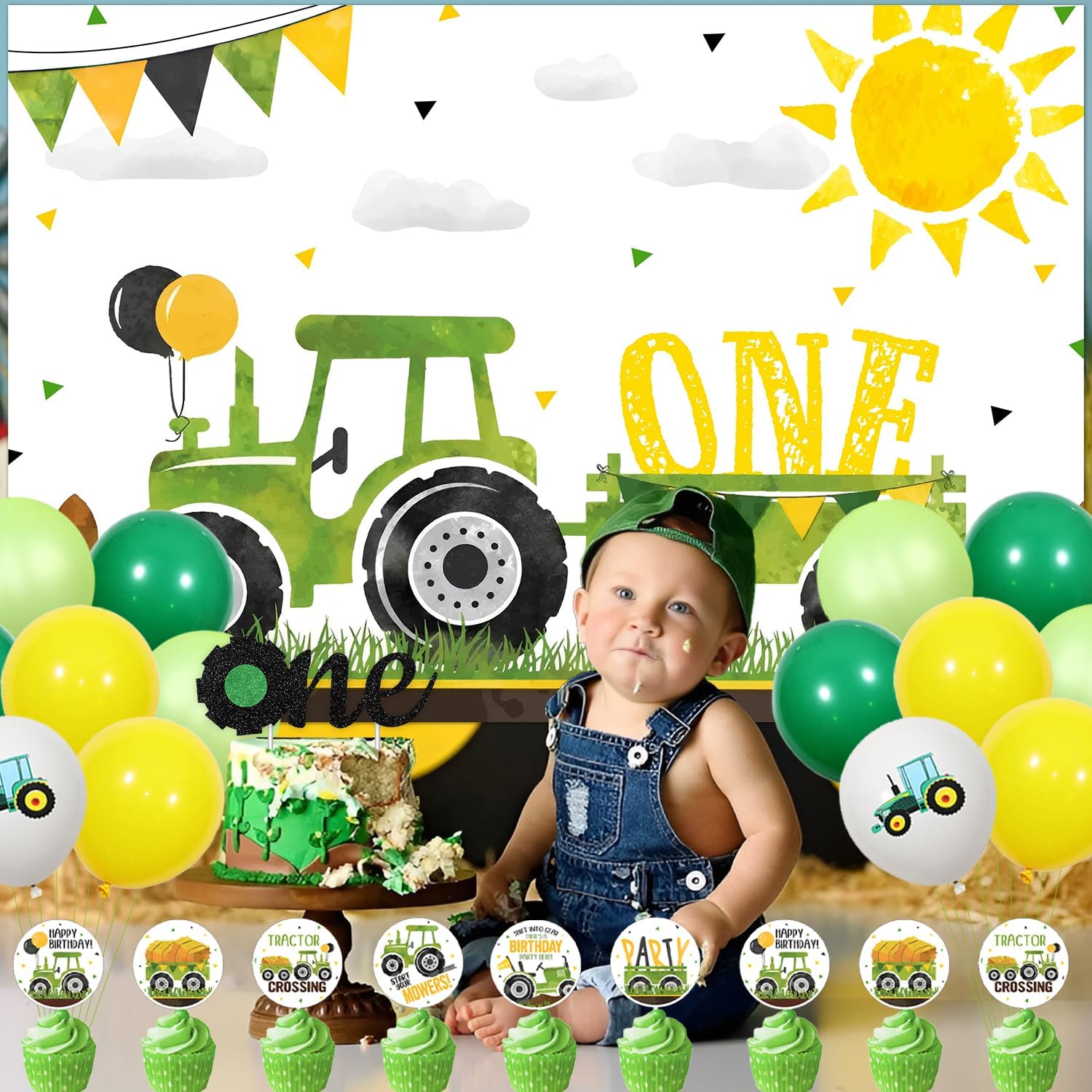 Tractor 1st Birthday Decorations Green Tractor One Birthday Banner Backdrop Banner Tractor 1st Birthday Cake Toppers Balloons for Boys 1st Birthday Party Supplies