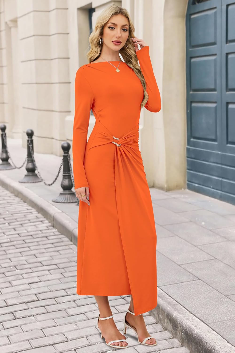 Women's Long Sleeve Wedding Guest Dress 2026 Spring Elegant Bodycon Boat Neck Formal Cocktail Party Midi Dresses - Image 5