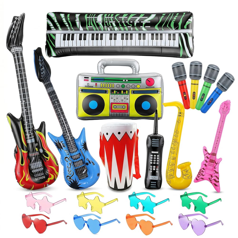 20 Pcs Inflatable Musical Instruments Set with Blow Up Guitars Saxophone Boombox Microphones Party Props and Retro Fancy Dress Photobooth Accessories for 80s 90s Disco Birthday