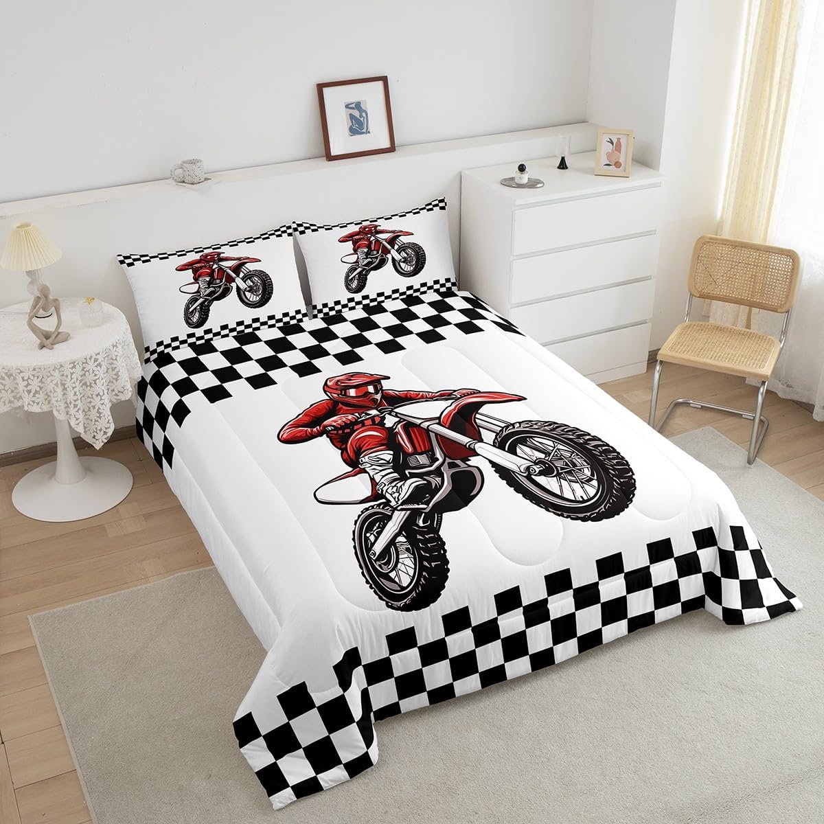 Feelyou Dirt Bike Bedding Set Kids Boys Girls Full Size Racing Motocross Rider Comforter Set Teen Adult Ultra Soft Motorcycle Racer Comforter Extreme Sports Duvet Quilt Black and White Check Quilt