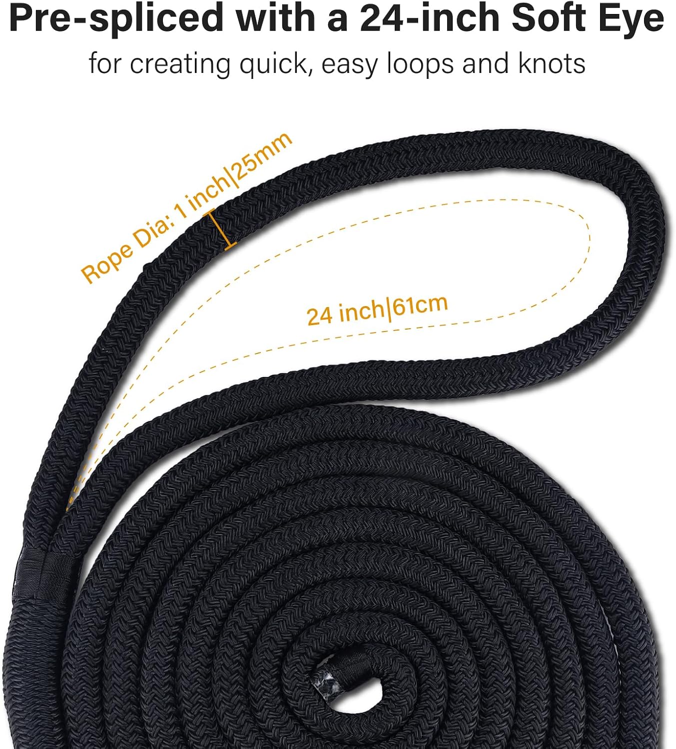 NovelBee 1" Dock Line 2 Pack,Double Braid Nylon Boat Dock Line,Heavy Duty Mooring Marine Rope with 24” Eyelet,Boat Rope and Ties for Docking (1" x 15')