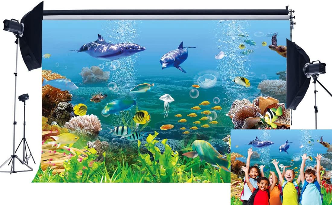 Hasdrop Vinyl 7X5FT Underwater World Backdrop 3D Aquarium Backdrops Fish Dolphin Turtle Under The Sea Photography Background for Boys Room Decoration Wallpaper Birthday Party Photo Studio Props KX379