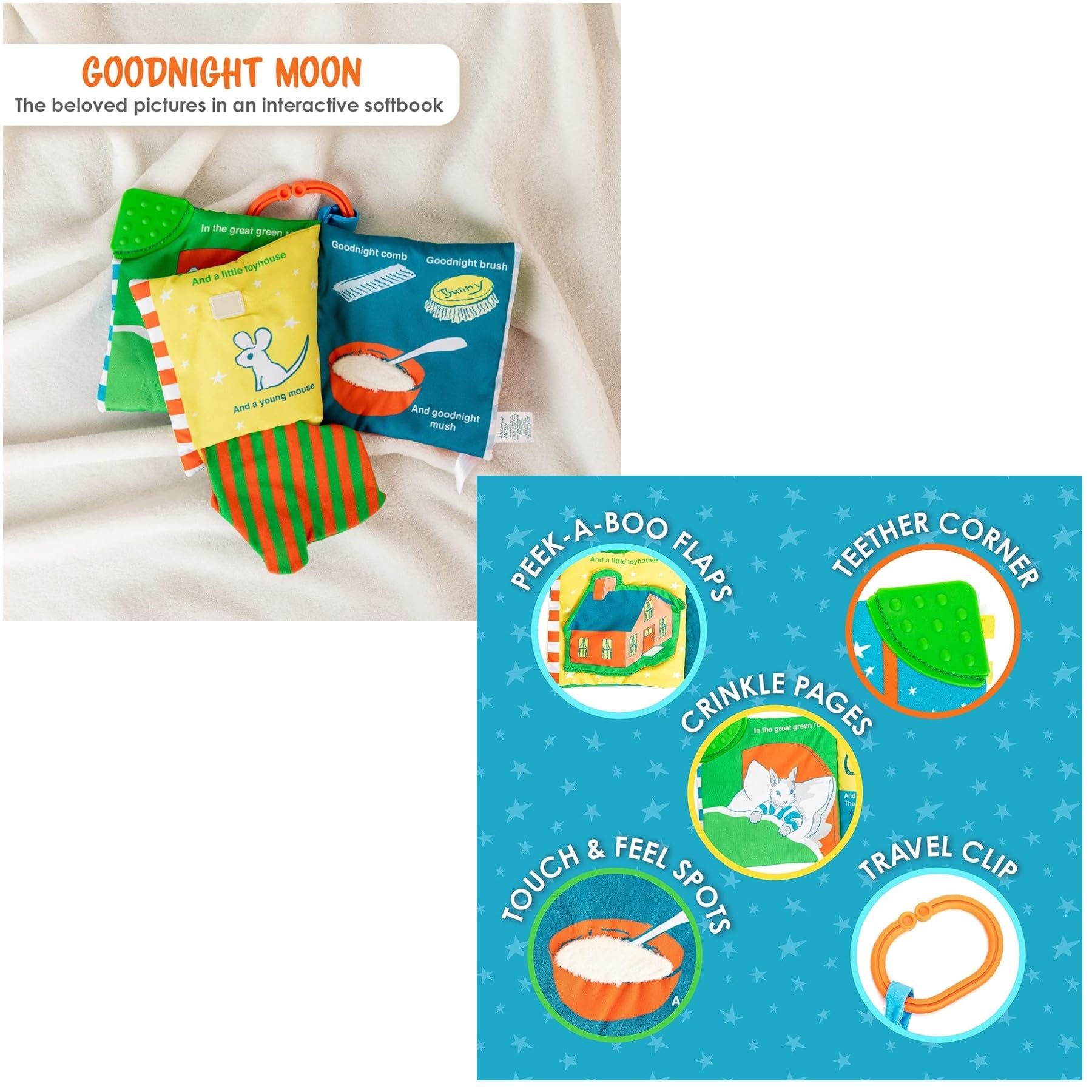 Goodnight Moon Board Book by Margaret Wise Brown, Beanbag Bunny Stuffed Animal Plush, and Good Night Moon Baby Soft Book Toy with On The Go Clip (A Classic, Sweet Dreams Baby Book Bedtime Gift Set B) - Image 6