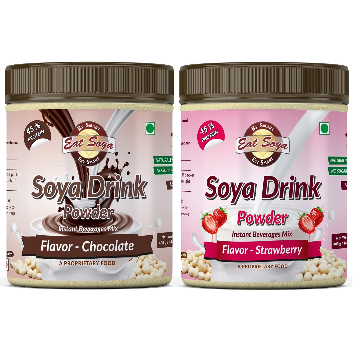 BE SMART EAT SMART Soya Drink Powder | 45% Protein | Vegan, Non GMO | Sugar Free | High in Protein | Tasty & Delicious | Ready to Eat Vegan | Chocolate & Strawberry Flavored Jar - pack of 2 x 400g