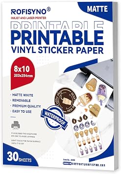 8.5x11 Printable Vinyl Sticker Paper Waterproof, Removable Self Adhesive Vinyl Sticker Sheets for Inkjet and Laser printer, 30 Pack, Letter Size, Matte White