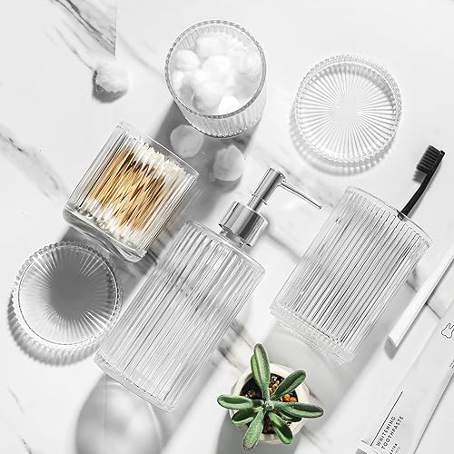Miniatura 6 de Juego de accesorios de baño, 4 paquetes de accesorios de baño de vidrio transparente completos, juego de dispensador de jabón acanalado y soporte