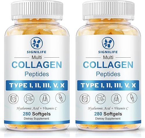 SIGNILIFE Péptidos de colágeno múltiple para mujeres y hombres, péptidos de colágeno hidrolizados tipo I, II, III, V, X - con ácido hialurónico,