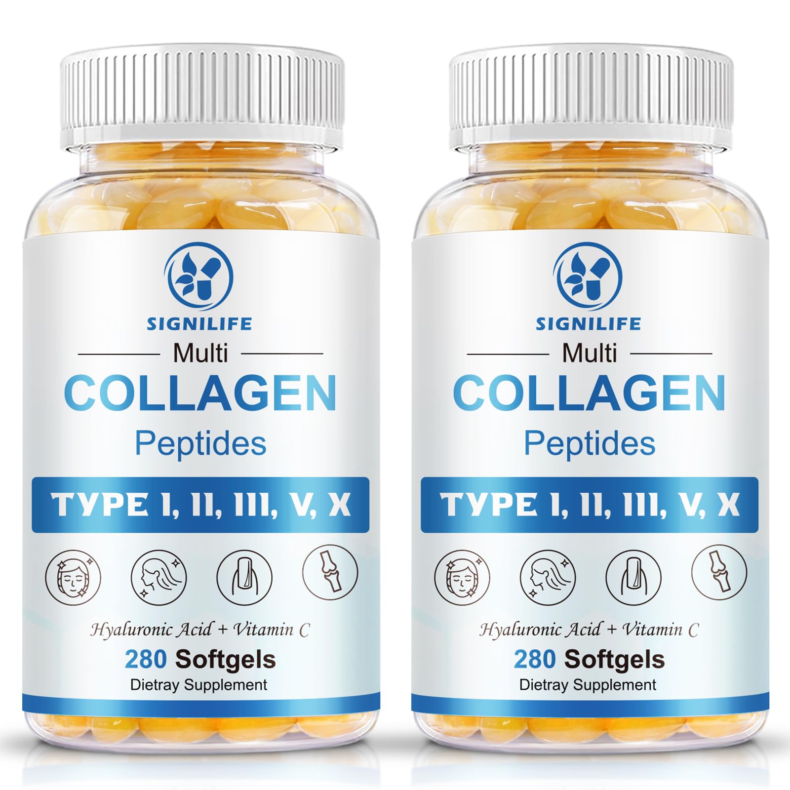 Multi Collagen Peptides for Women & Men-Type I, II, III, V, X 280 Count (Pack of 2)