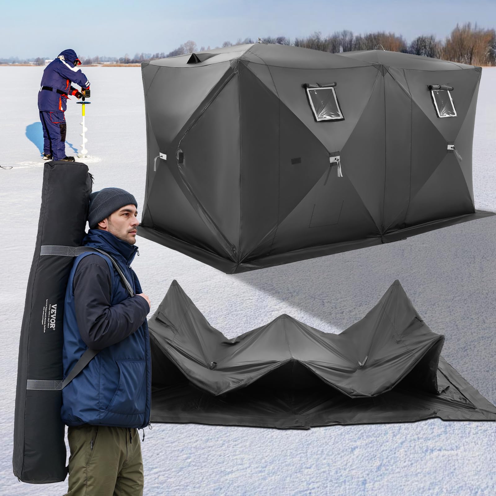 VEVOR Tragbares Pop-Up-Eis-Angelzelt, 1-8 Personen Isolierter Eisschutz, großer Angelbereich, Naben-Stil Ice Shanty für Winterangeln, wasserdichter Oxford-Eiswürfel mit Ankern/Seilen/Tragetasche