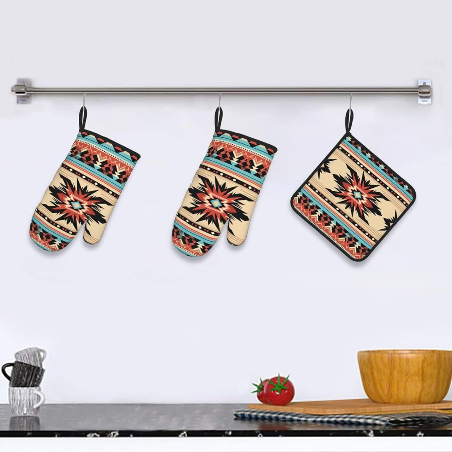 Oven Mitts and Pot Holders Sets 4PCS Heat Resistant Thicken Kitchen Cooking Gloves Native American Patterns Oven Mitts BBQ Oven Gloves Non-Slip Potholders Hot Pads for Baking Cooking Home Essentials