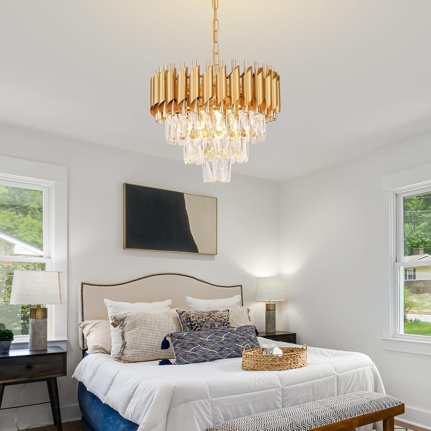 Modern Gold Crystal Chandelier Luxury K9 Crystal Chandelier Round Flush Mount Chandeliers Ideal for Bedroom Living Room Dining Room Kitchen Foyer W40cm 3 Tiers 5 E12 Base