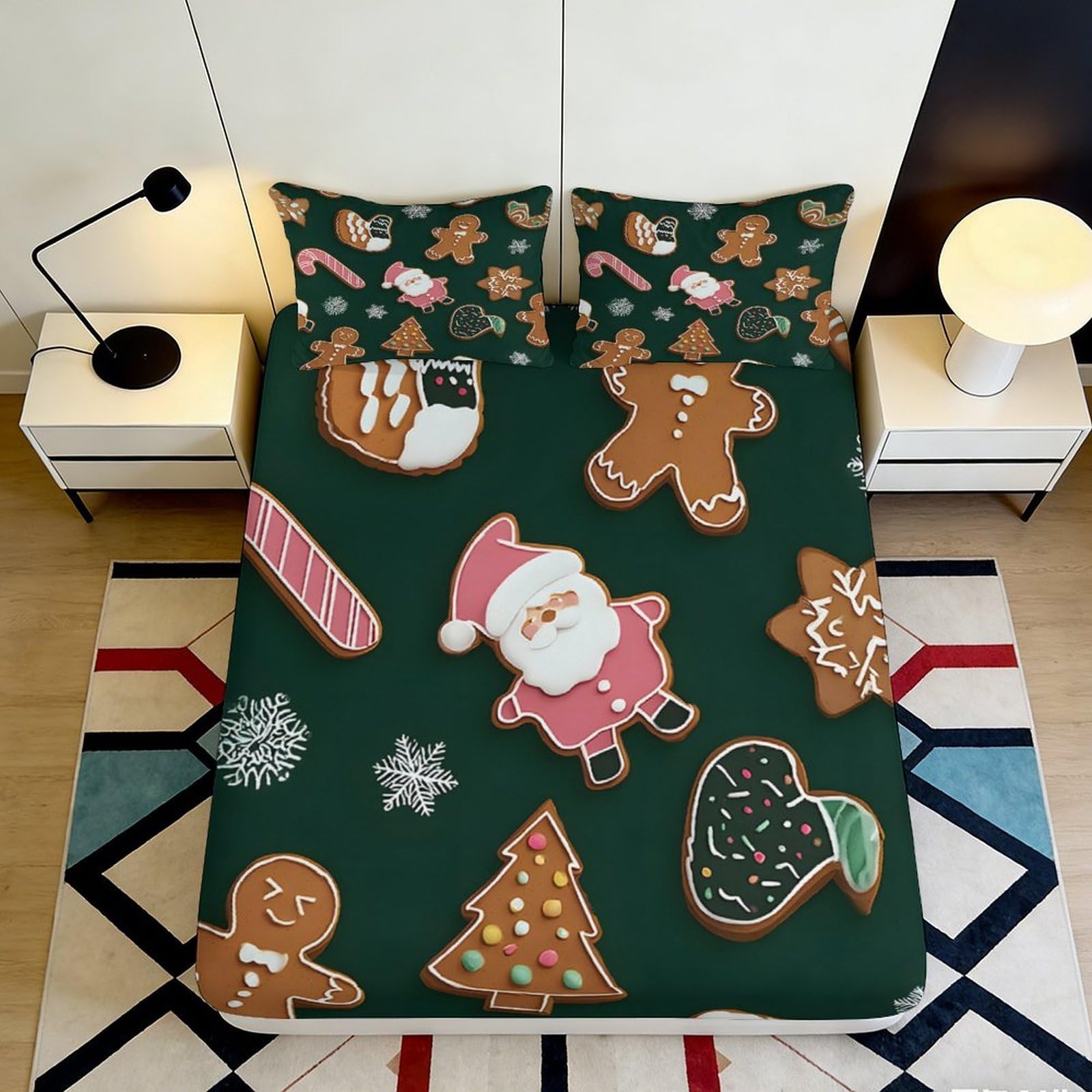 3D Printed Christmas Cookie Fitted Sheet Microfiber Anti-Slip Green Gingerbread Mattress Cover for Bedroom Guest Room 200x200x25cm