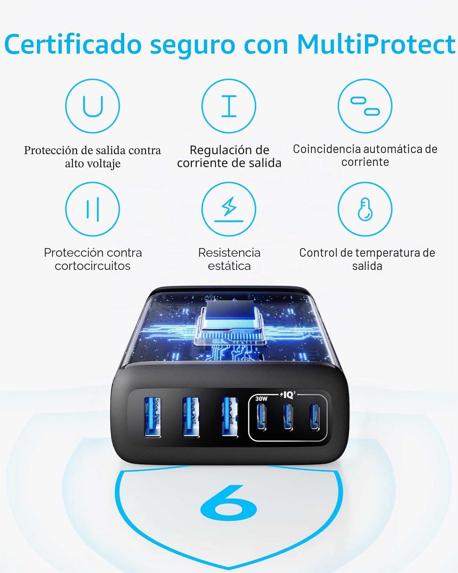 Anker Cargador USB-C, Estación de Carga de 6 Puertos con Salida de 112 W, para iPhone 16/16 Plus/16 Pro/16 Pro Max/15/14/13 Series, MacBook Air, Pixel, Galaxy, iPad y Más (Cable no Incluido)