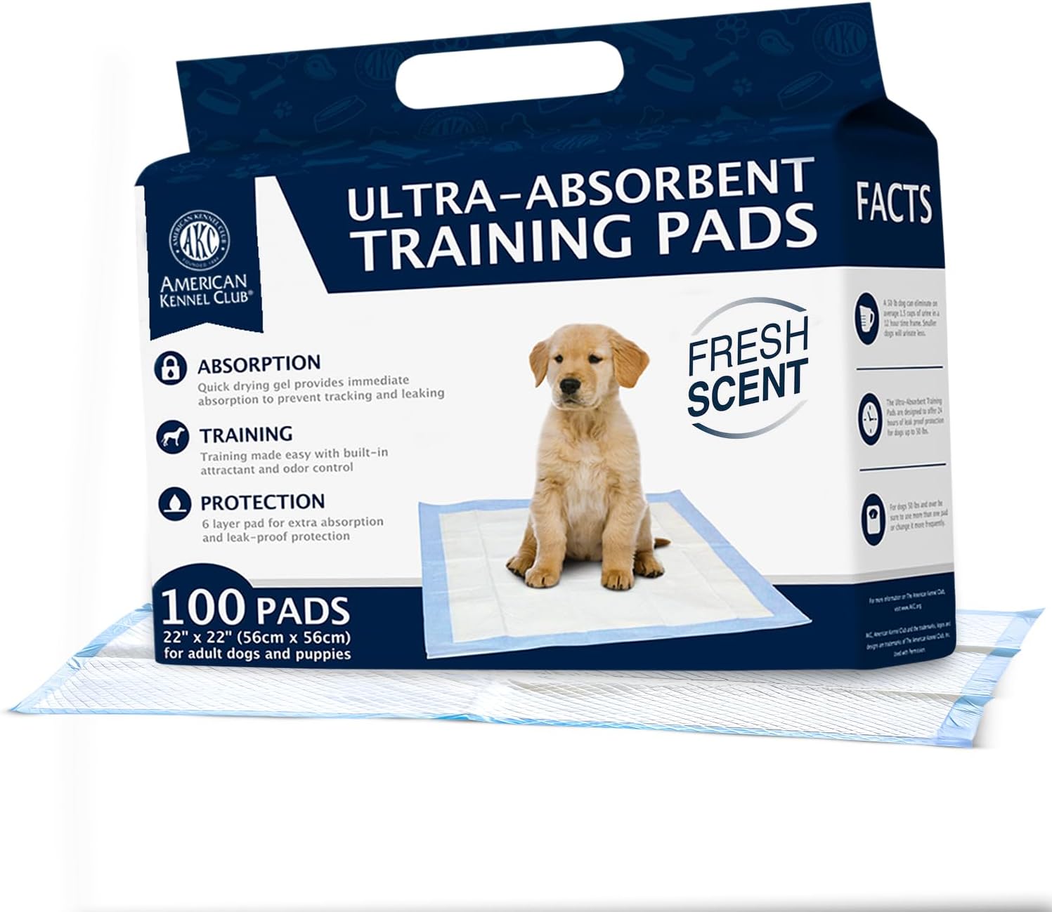American Kennel Club Scented Puppy Training Pads with Ultra Absorbent Quick Dry Gel – 22 x 22 Pee Pads for Dogs - Fresh Scented - Pack of 100