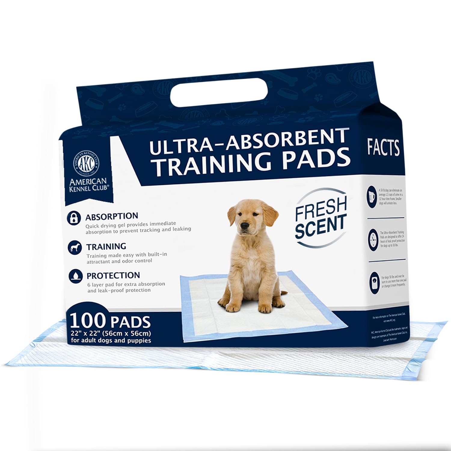 American Kennel Club Pet Training And Puppy Pads, Regular And Extra Large 22" X 22" - Pack Of 100 Akc 62920