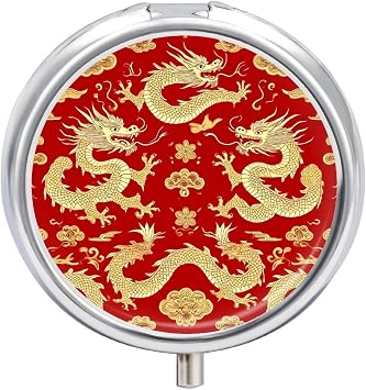 3 Compartment Pill Box, Cute Travel Pill Case, Round Medicine Pill Case, Decorative Portable Organizer for Pocket Red Chinese Dragons Floral
