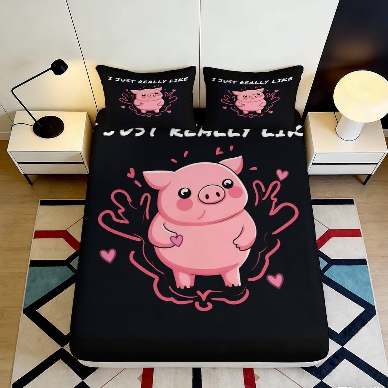 3D Printed Cute Pig Fitted Sheet Microfiber Deep Pocket Non-Slip Bedroom Bedding All-Around Pig Mattress Fitted Cover for Adults Teens 90x200x25cm
