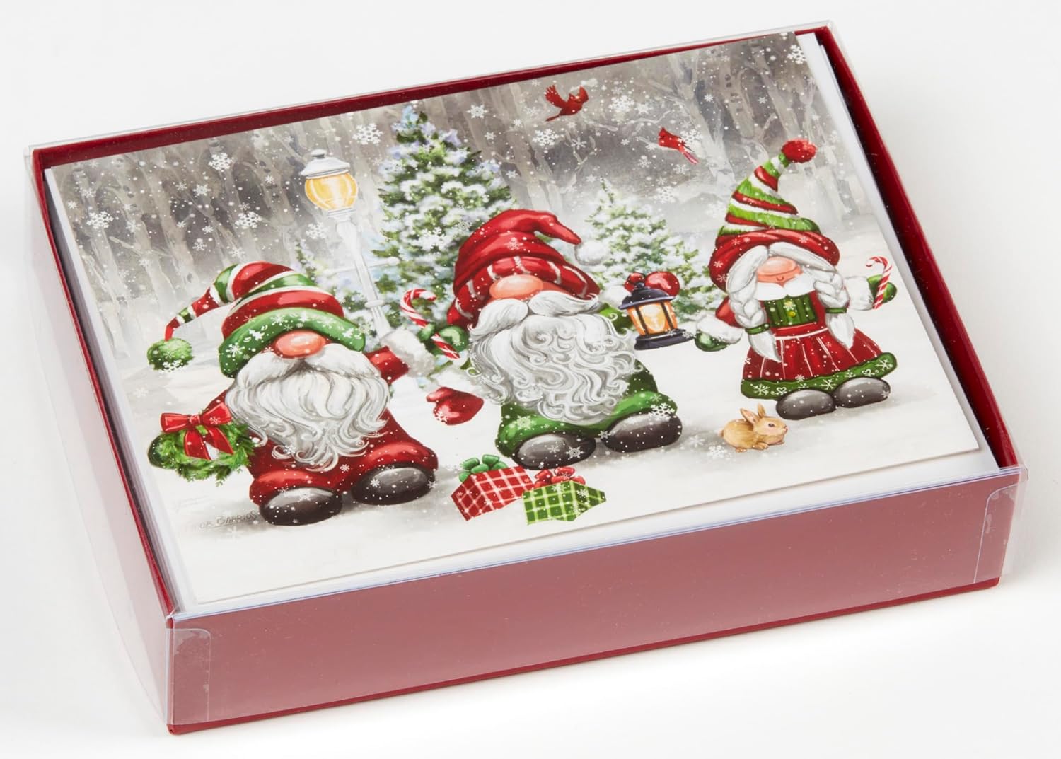 Vermont Christmas Company Box of 'Christmas Gnomes' Christmas Cards - 15 Cards & 16 Foil Lined Envelopes - Packed in Attractive Red Box - Cards measure 4 1/2" x 6 1/4" Folded