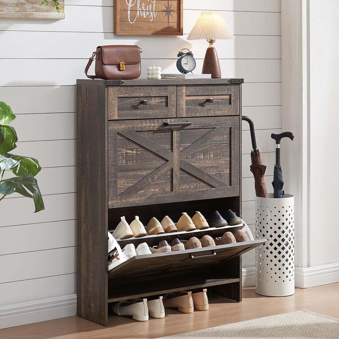 Shoe Storage Cabinet, Farmhouse Shoe Organizer with 2 Hidden Flip Drawers & 2 Drawers, Narrow Freestanding Shoe Rack Cabinet with Adjustable Shelves for Entryway Hallway,Dark Oak