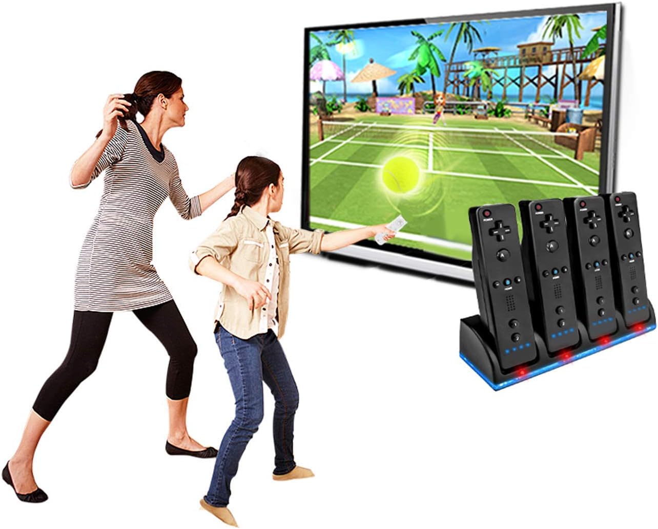 VTone Charging Station for Wii Remotes, 4 in 1 Controller Charger Dock with 4 pcs 2800mAh Rechargeable Battery Pack for Wii Remote Controller (Black)