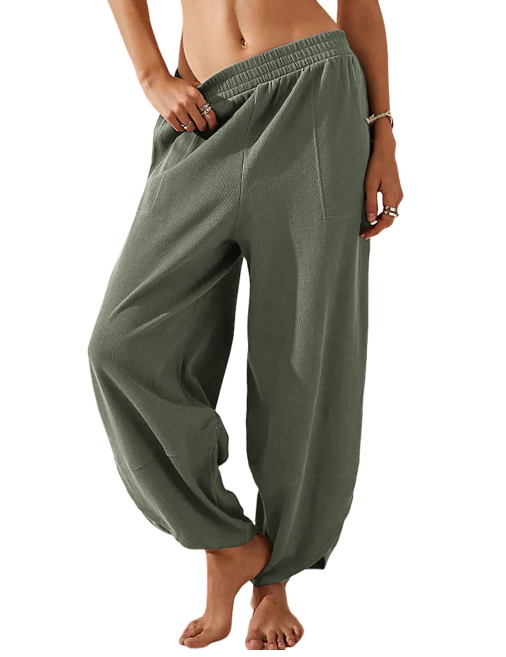 Himosyber Women Cotton Pants Wide Leg Pants Casual Loose Baggy Elastic Waist Beach Palazzo Harem Pants