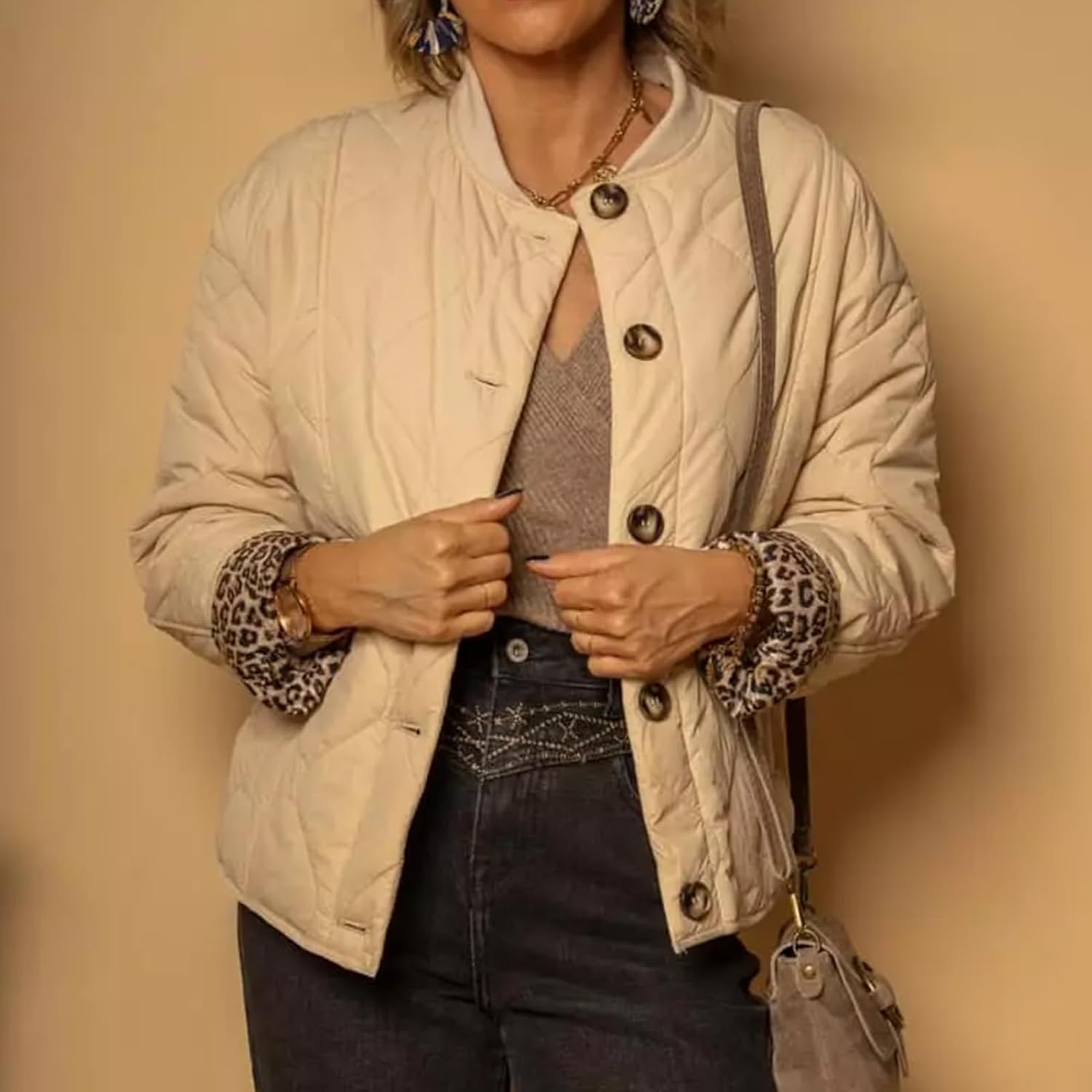 HOULENGS Womens Lightweight Quilted Jacket Casual Leopard Lined Puffer Outerwear Button Down Padded Bomber Coats with Pockets - Image 5