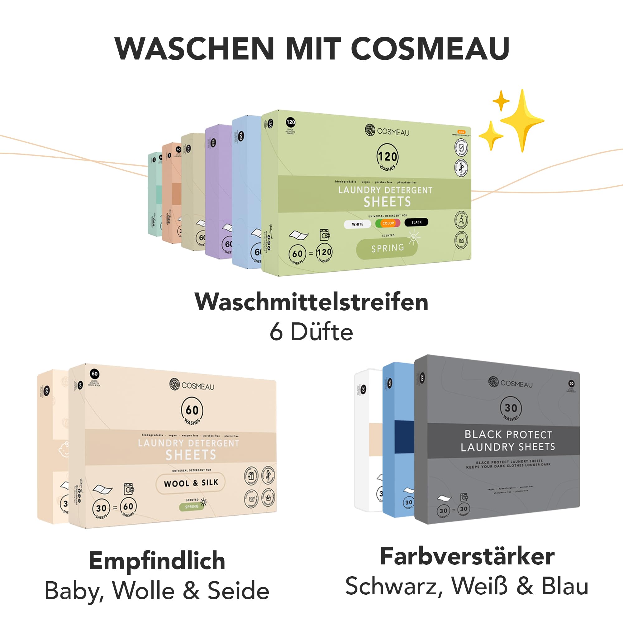 Cosmeau Waschmittel Blätter Meeresbrise – bis zu 120 Waschgänge (120 Blätter) – Nachhaltiges Waschmittel für Weiß, Farbe und Schwarz – Abbaubar & Perfektes Reisewaschmittel