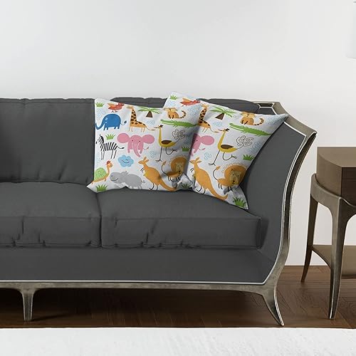 Miniatura 6 de Ambesonne Paquete de 2 fundas de cojín de animales, diseño de jirafa, elefante, cebra, tortuga, niños, guardería, estampado de dibujos animados,