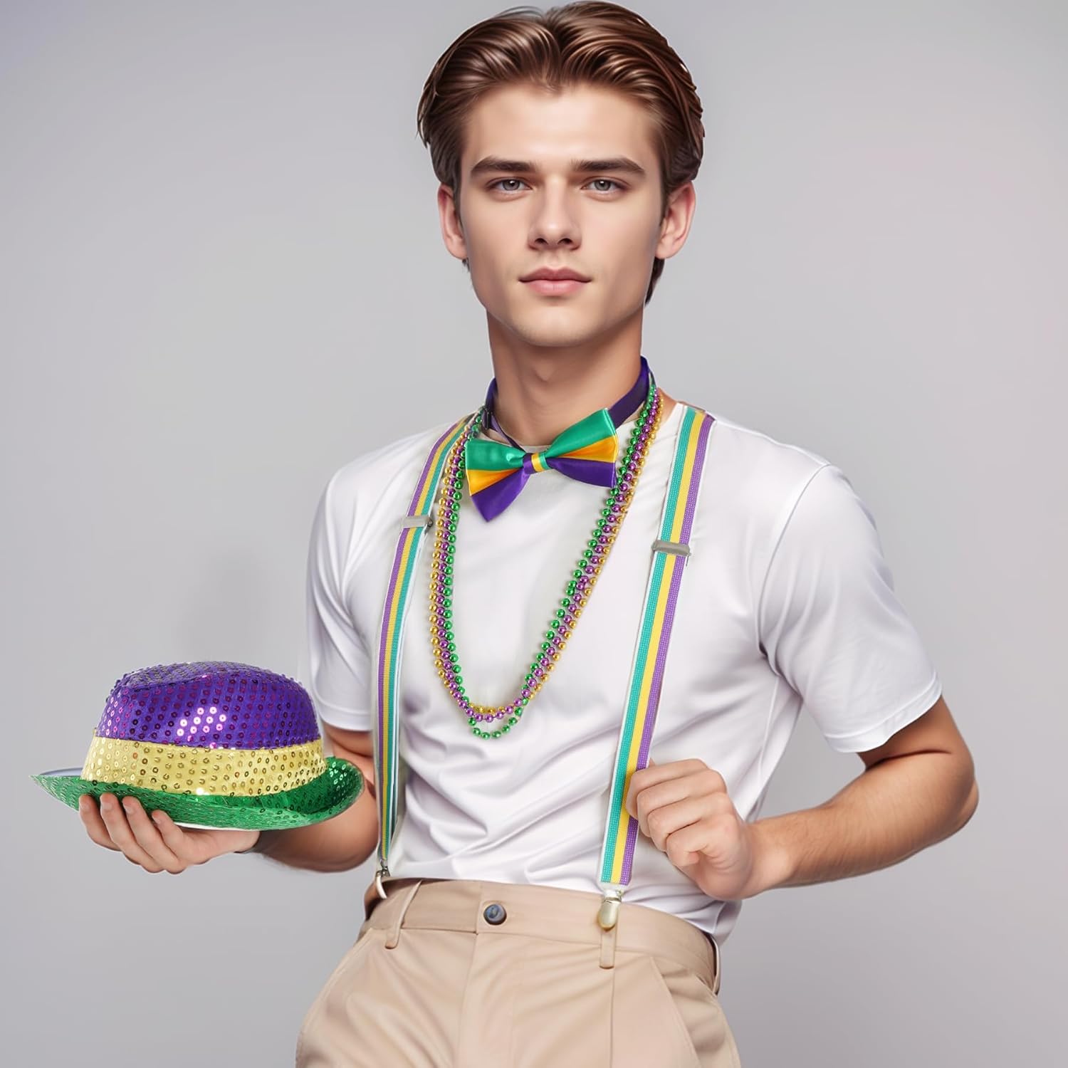 6Pcs Mardi Gras Accessories Set for Men Women - Sequin Cowboy Hat, Bow Tie, Suspender, 3Pcs Beads Necklaces - Image 7
