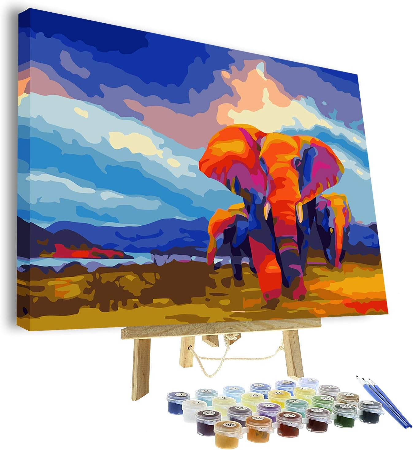 VIGEIYA DIY Paint by Numbers for Adults Include Framed Canvas and Wooden Easel with Brushes and Acrylic Pigment 15.7x19.6inch (Elephant)