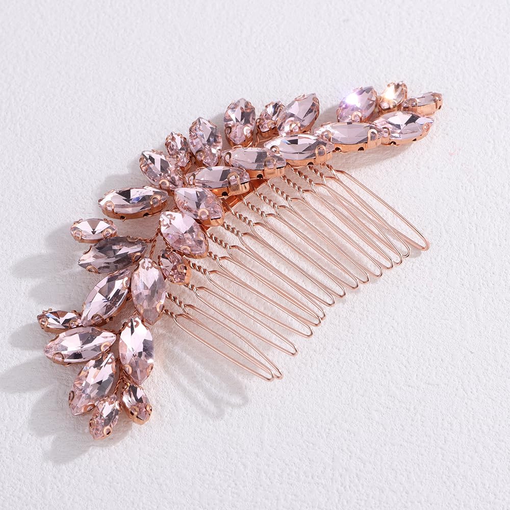 Octwine Bride Wedding Silver Green Red Rhinestone Crystal Hair Comb Wedding Party Prom Hair Headpiece Bridal Wedding Hair Accessories for Women (Rose gold pink) - Image 2