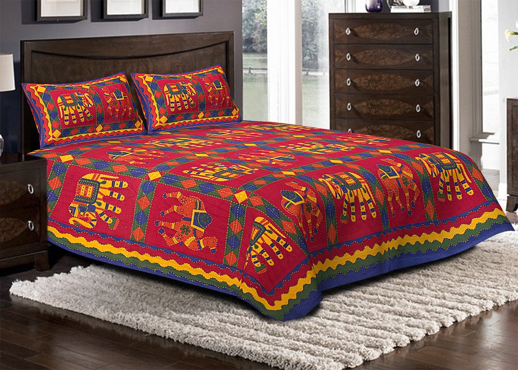 Jaipuri Cotton Kantha Work Embroidered Double Bed Sheet With 2 Pillow