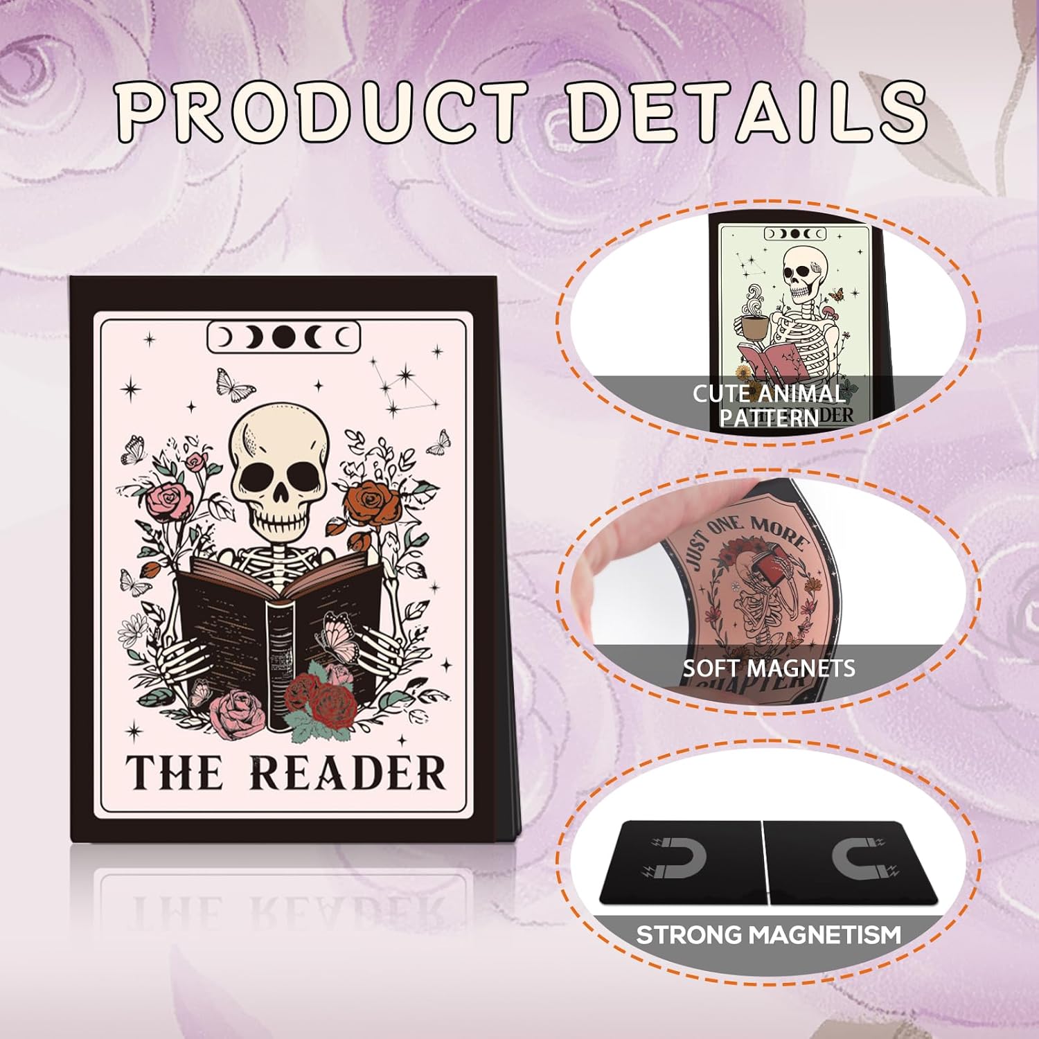 Skeleton Magnetic Bookmark Gifts - 8Pcs Skull Flower Bookmarks Magnetic Skeleton Reading Book Mark Magnets Bookmark Page Markers Clip for Women Book Lover Bookish Reader Students Teachers - Image 3