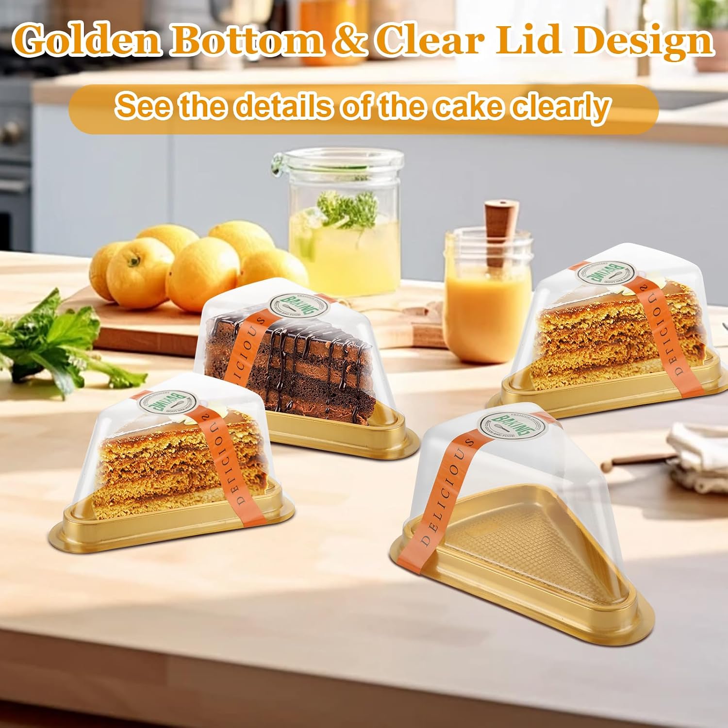 100 Pack Cake Slice Container, Disposable Cheesecake Containers with Lid, Sticker and Fork, Individual Pie Slice Containers for Snack Dessert Mousse - Gold