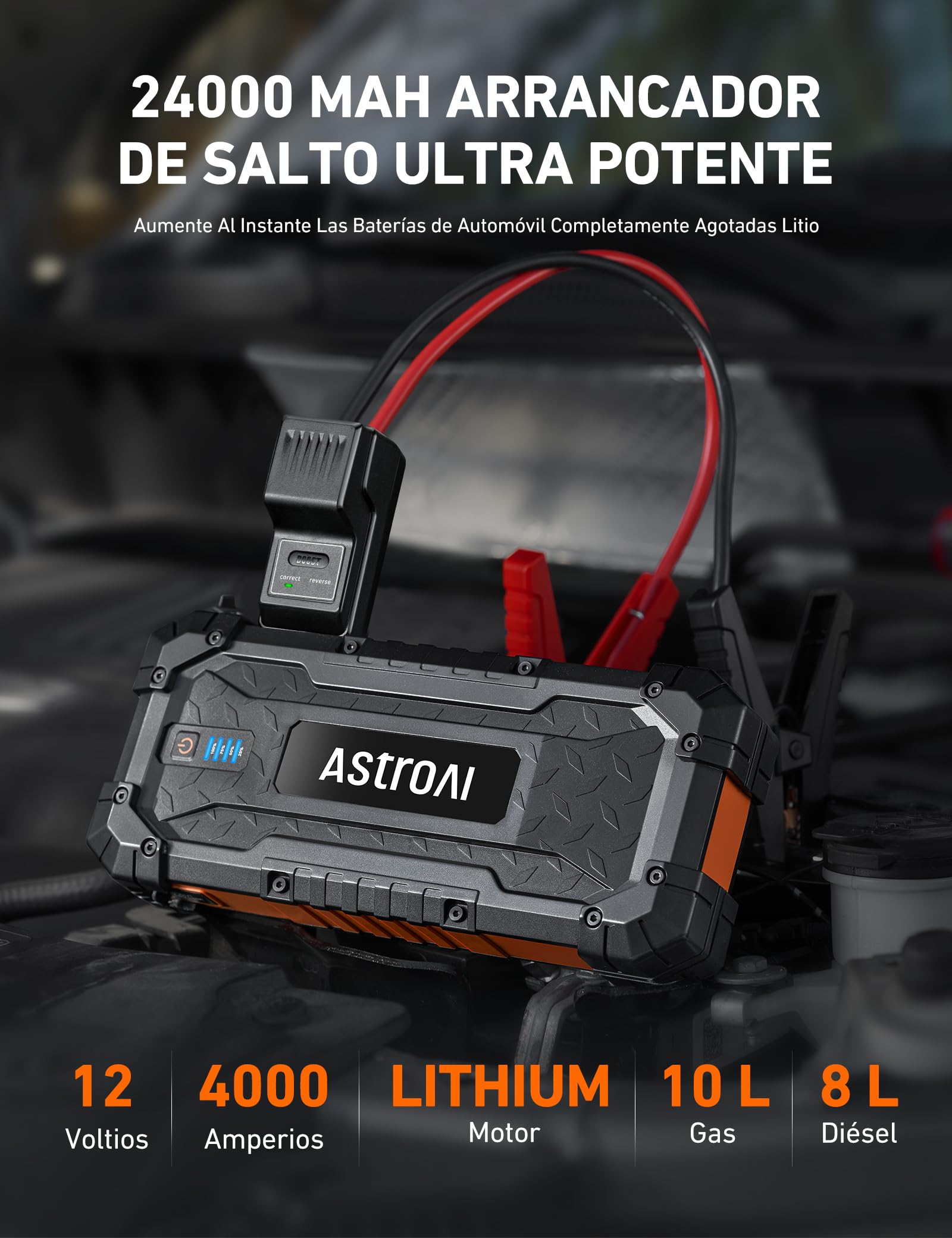 AstroAI S8 Ultra Arrancador de Baterias de Coches, 4000 A Arrancador de Coche Portátil de Gasolina de hasta 10 L y diésel de 8 L, 12 V Arrancador de Coches con Cables de Arranque, Carga Rápida