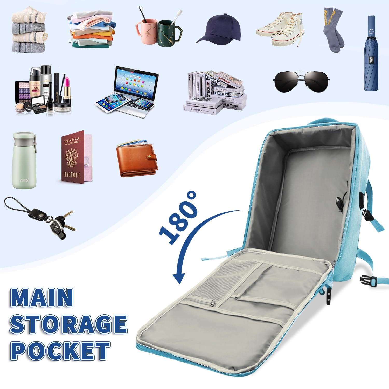 Leyrica Zaino da Viaggio per Ryanair/Wizzair 40x20x25 Bagaglio a Mano Unisex Borse da Cabina Zaino per Laptop 15 pollici Daypack Casual Zaino Università/Lavoro Impermeabile (Azzurro)