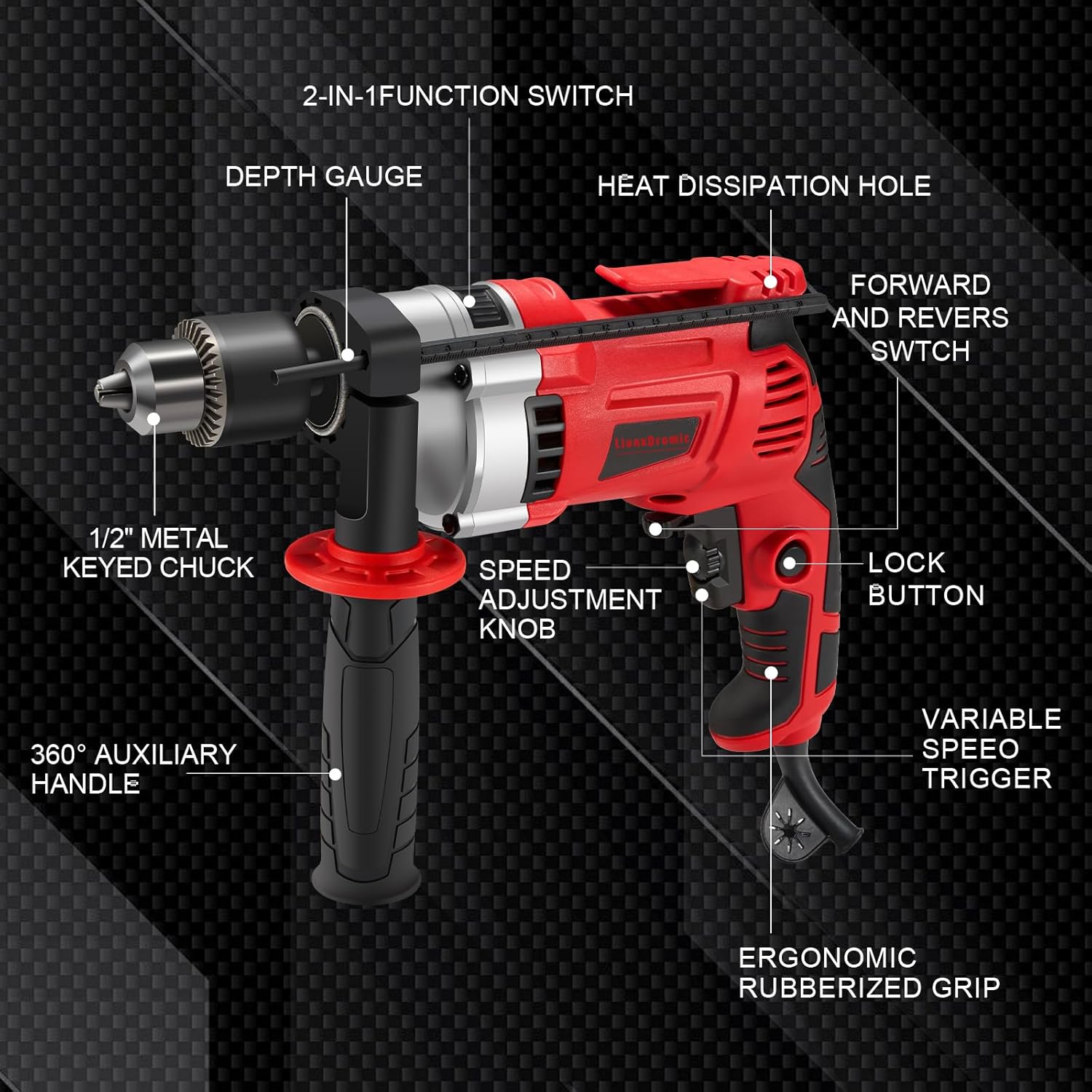 Hammer Drill 1/2-Inch 910W Power Drill 0-3000RPM with 38 Accessories Electric hammer with 360° Rotary Handle Variable Speed corded hammer drill Carring Case (38 Accessories)