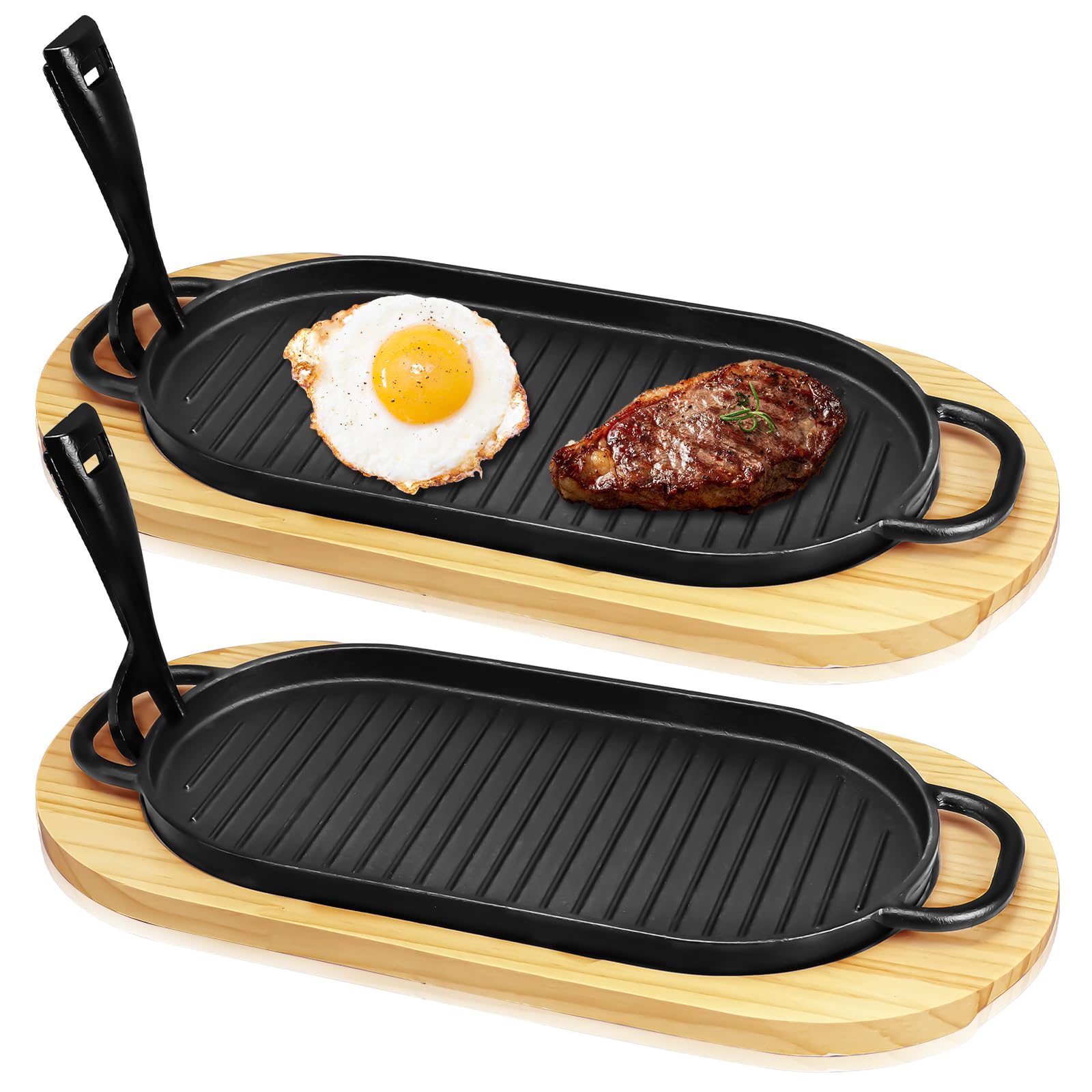 PQHIQ 2 Pcs Cast Iron Fajita Skillet Pan Set with Wooden Base and Removable Handle for Home Restaurant Kitchen Cooking