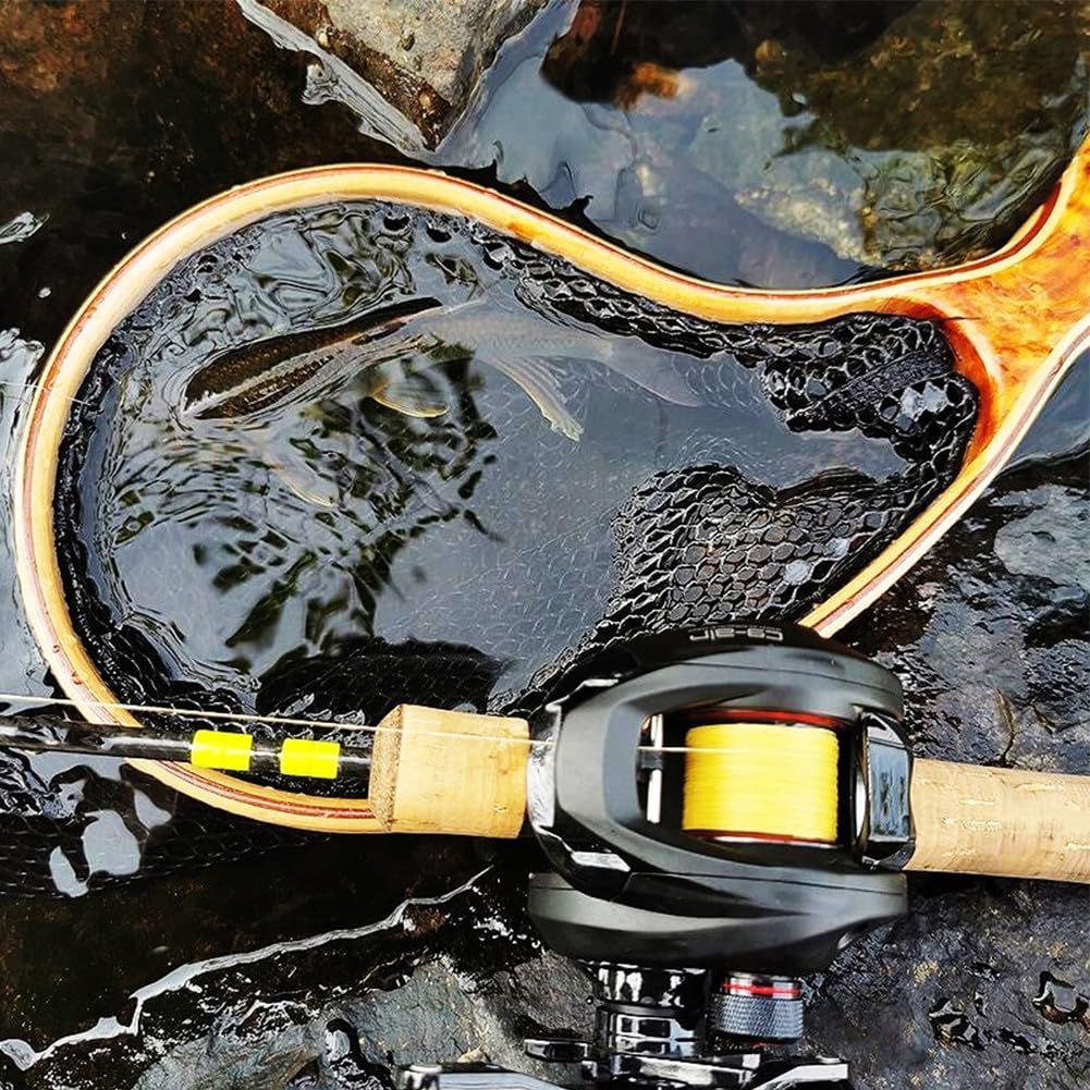 Retino da pesca con manico in legno, guadino per pesca a mosca, con telaio in legno massiccio e morbida rete in nylon rivestita con colla, per pesca di trote e sgombri