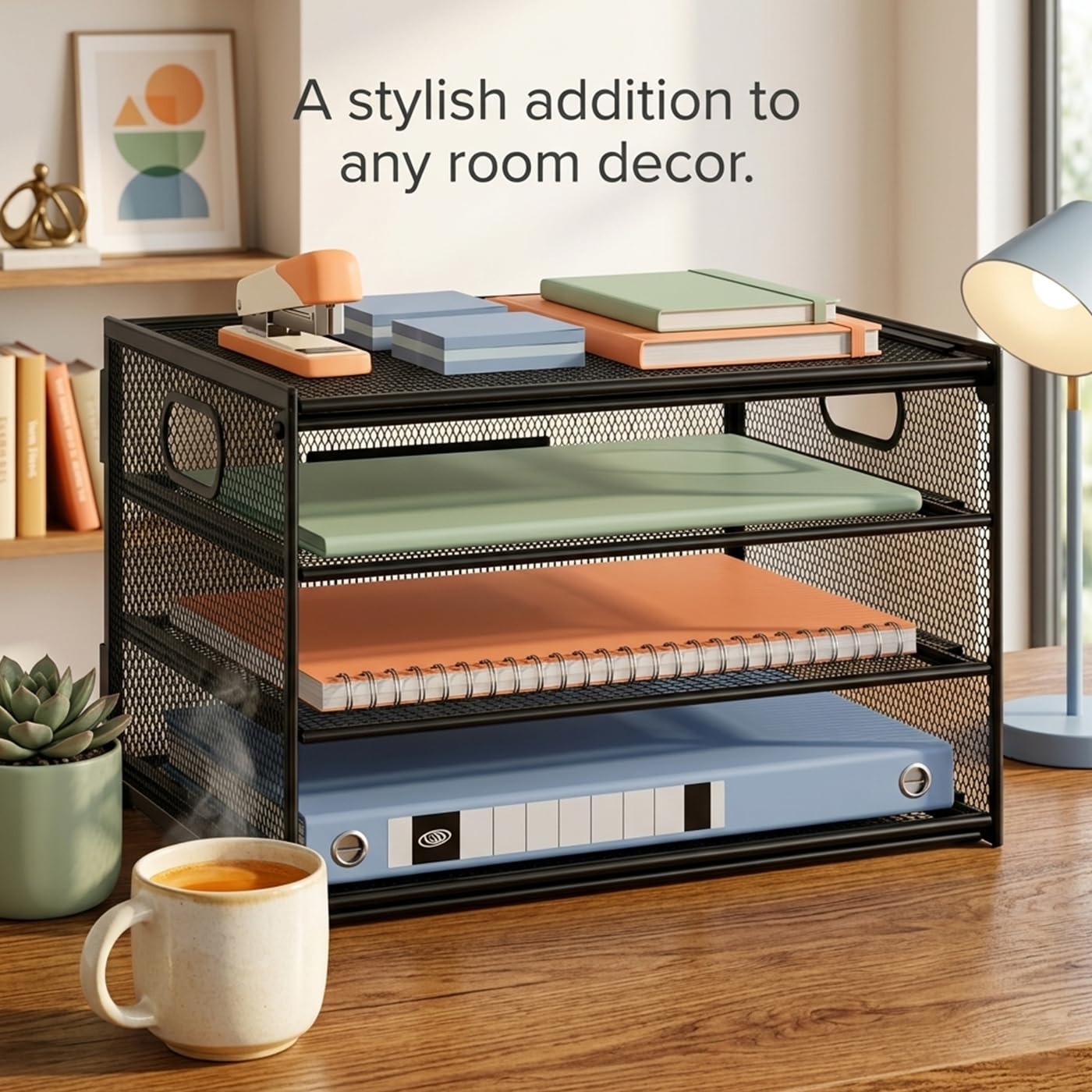 Organizador de documentos A4 de metal, apilable con 4 compartimentos, para oficina y oficina, especialmente estable y fácil de montar, color negro