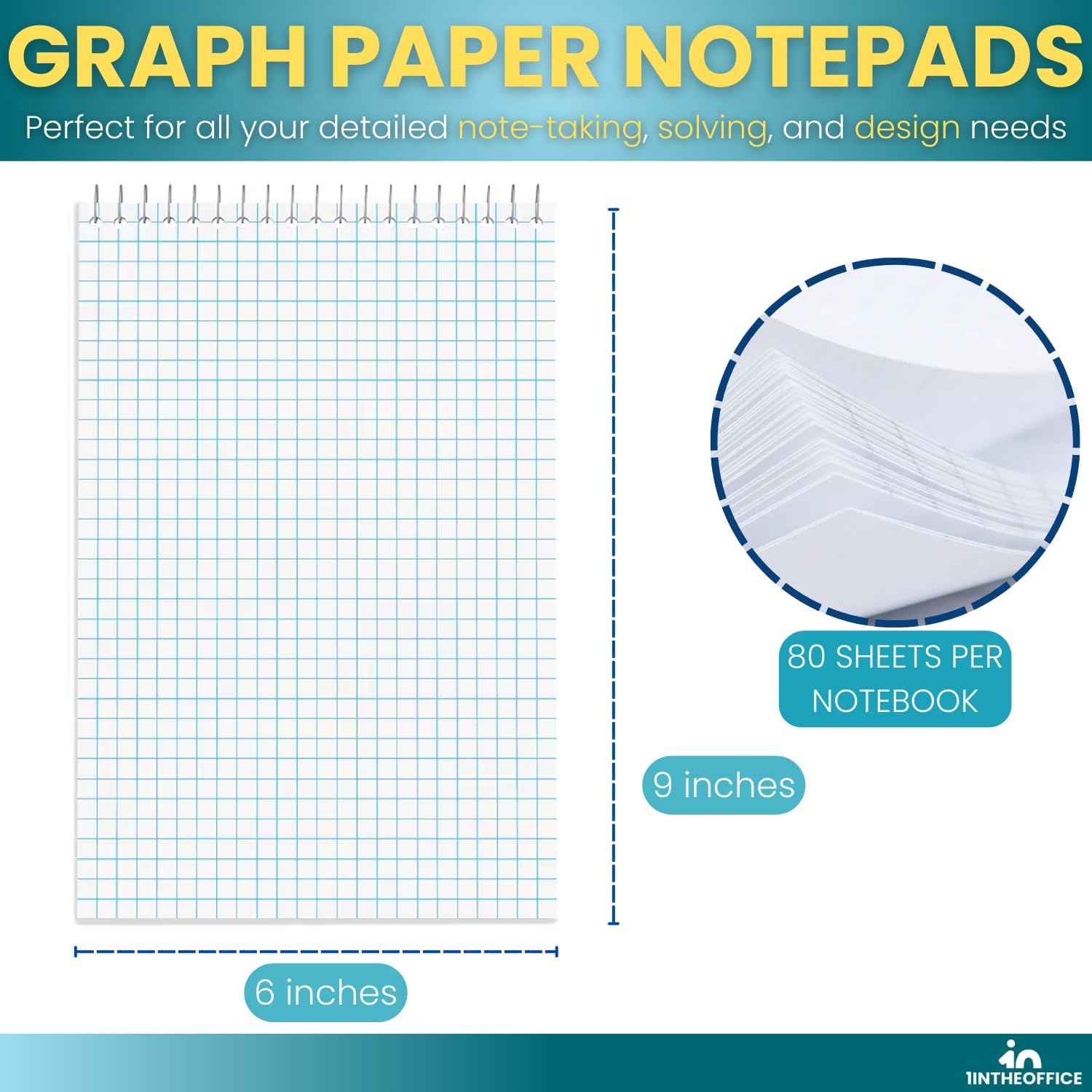 1InTheOffice Graph Paper Notepad 6" x 9", Quad Ruled Spiral Steno Note Pad 6x9, White, 80 Sheets/Pad, 6 Pads/Pack