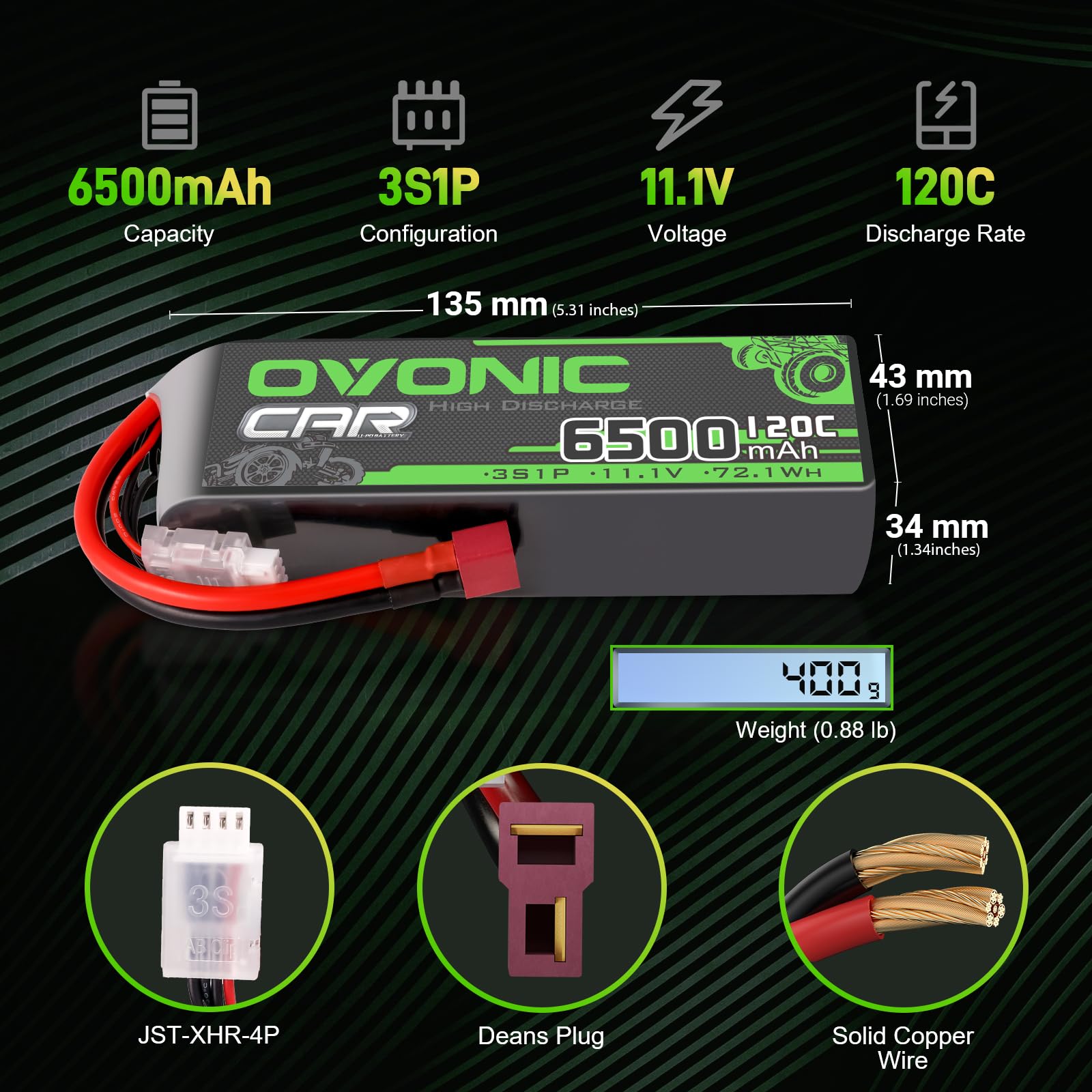 OVONIC Batería de polímero de litio de 3 S, 11,1 V, 6500 mAh, 120 C, con conector Deans T, batería de polímero de litio para coche RC, camión, quadcopter, helicóptero, camión, barco, avión (2