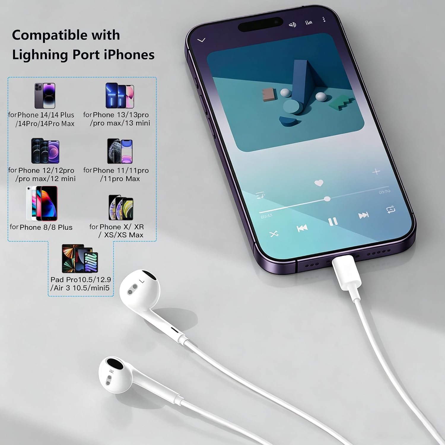 1Pack Wired Earbuds for iPhone Headphones Wired Ear Phones, Half in Ear with Lighning Jack Earbuds Built-in Calls & Volume Control Ear Buds Compatible with iPhone 14/13/12/SE/11/X/XS Max/8/7 Headsets