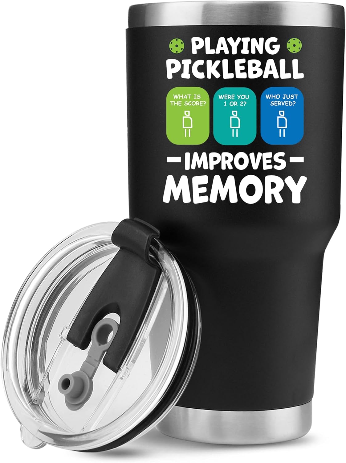 Panvola Playing Pickleball Improves Memory Tumbler Sports Player Gifts Vacuum Insulated Stainless Steel Tumbler With Removable Lid And Straw (Black, 30 oz)