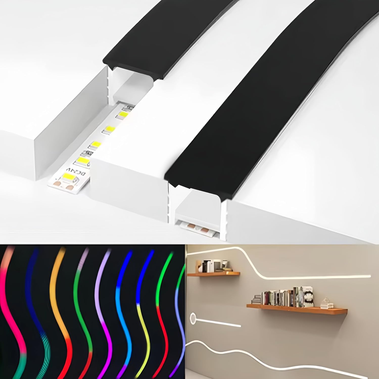 33Ft/10M Spotless Silicone LED Channel System with Flange, Wear Free Recessed Flexible Tube Black Cover for 10mm LED Strip Light Wall Ceiling Decor (14x14mm, LED Strip not Included)