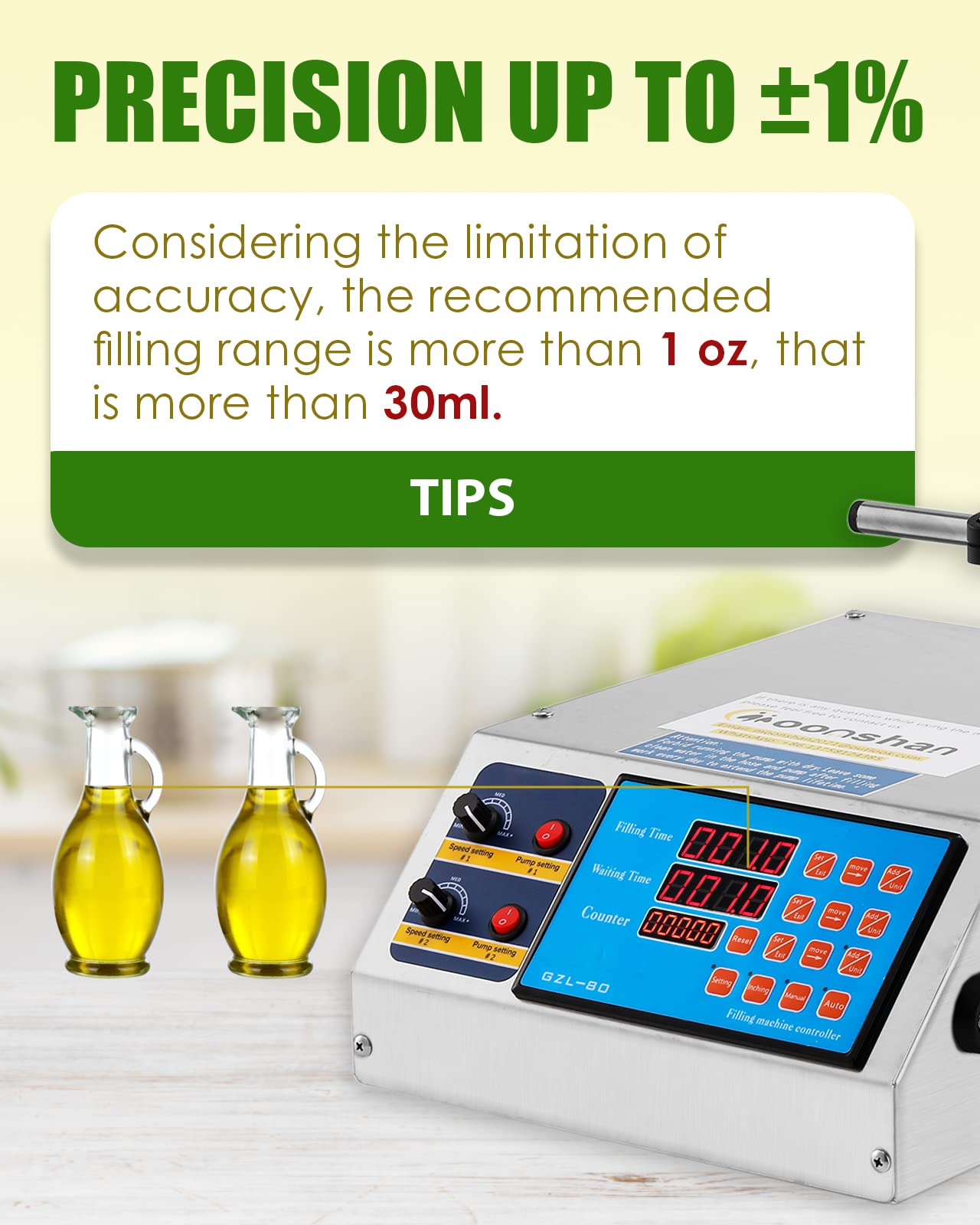 Moonshan Liquid Filling Machine Double Head 135 Oz/min Bottle Filler Machine Fully Digital Control Diaphragm Pump for Juice Cosmetic Oil Essence MCT Oil